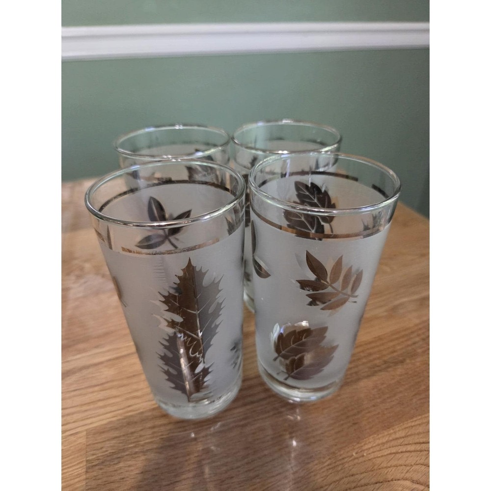 Vintage 1950s MCM Libbey Silver Leaf Frosted Tumbler Drinking Glasses - Set of 4